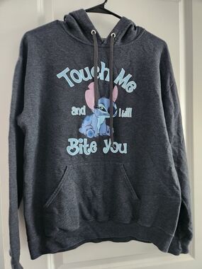 Dark Gray Graphic Hoodie with Light Blue and Pink Stitch Adult Medium